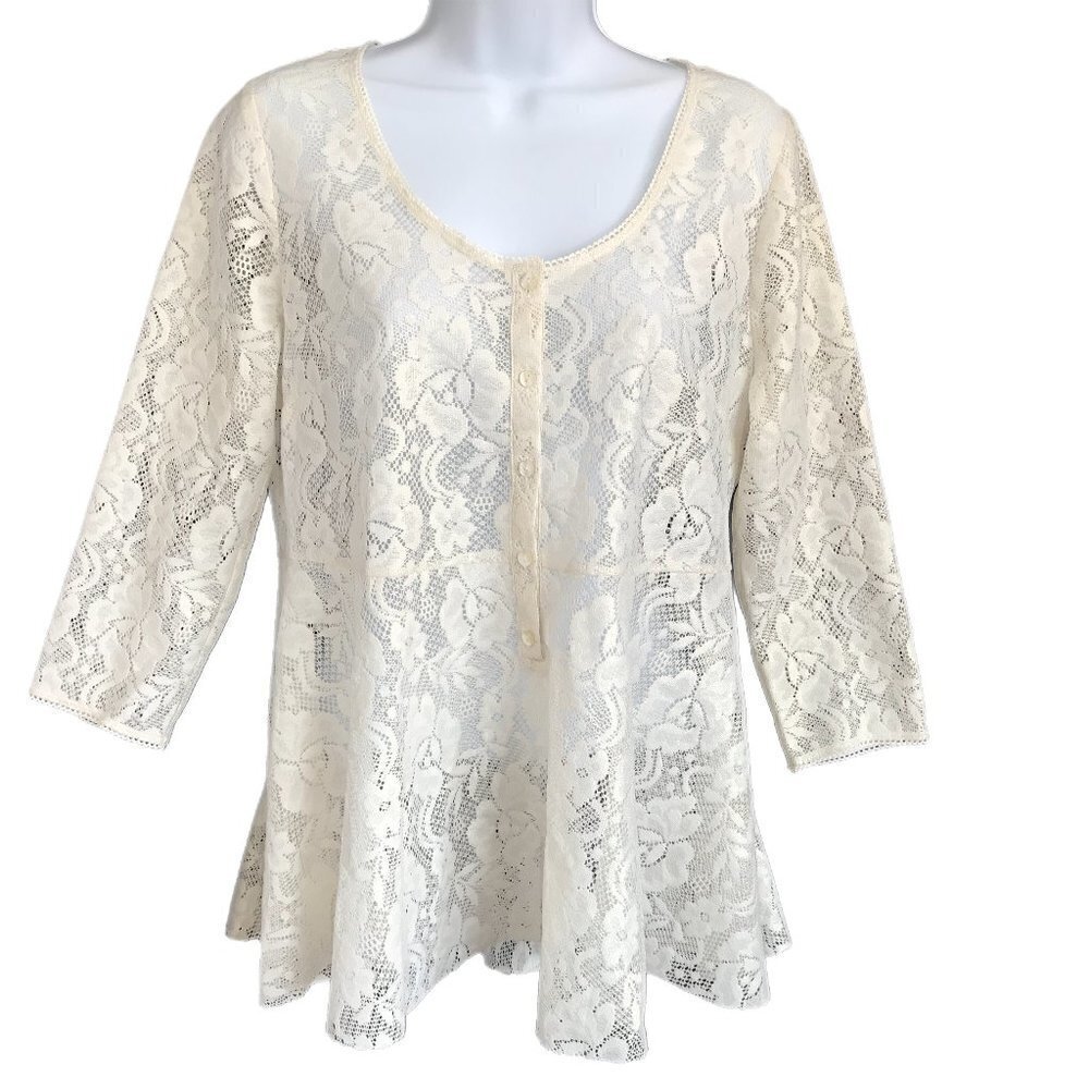 Free People Open Knit Sheer Floral Lace Tunic Top M Flowy Boho Cottagecore